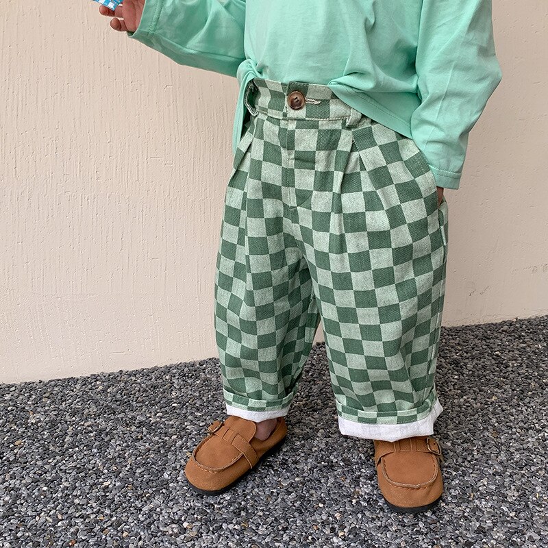 2022 Lente Koreaanse Stijl Unisex Kinderen Plaid Broek Losse Casual Peuters Kinderen Broek: green / 6T