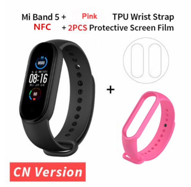 Xiaomi Mi Band 5 NFC Version Smart Bracelet AMOLED Screen Miband 5 Smartband Fitness Traker Bluetooth Heart Rate Smart Band: add pink strap film