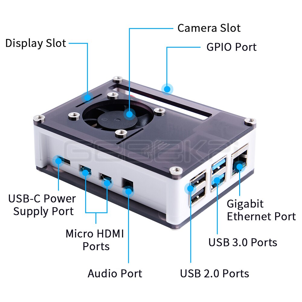 Geeekpi abs plástico azul & transparente/marrom escuro & branco caso com grande ventilador de refrigeração 40*40*10 dissipador de calor para raspberry pi 4 b