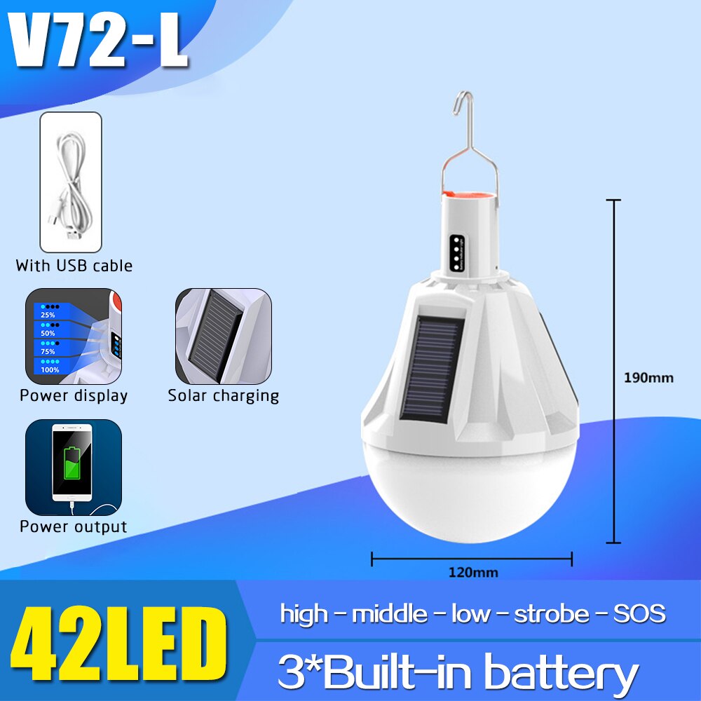 300W 3 Side Solar Charging Bulb Outdoor Mobile Night Market Stall Lamp With Built in Battery Portable Lamp With Hook Light: L with solar