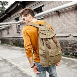 Vintage Rugzak Lederen Schoudertassen Mannen/Vrouwen Rugzak schooltas Unisex Rugzak Casual Canvas Reistassen: Army Green