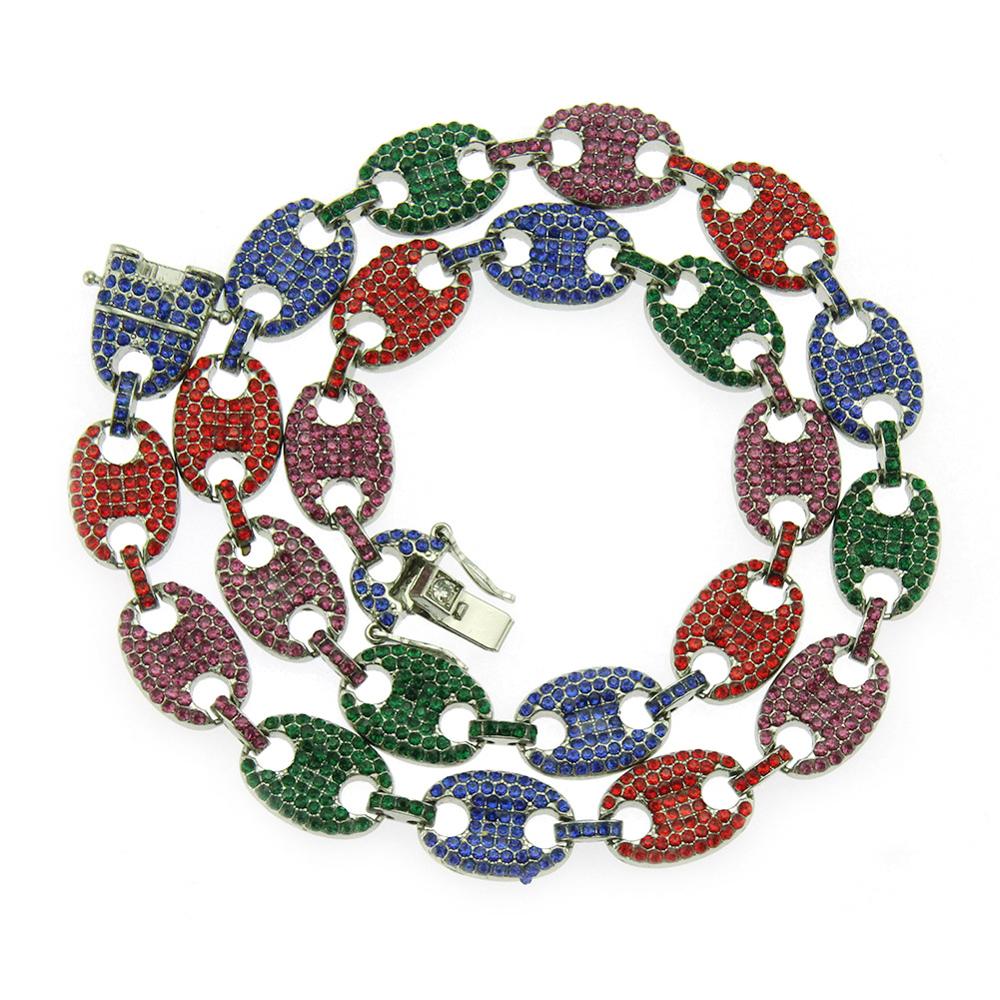 HIP HOP Punk Iced Out Zircon Multi-Colors Coffee Bean Pig Nose Rhinestone Necklace Charm Link Chain Bling Necklaces Men Jeweley: Colored  Silver / 24inch