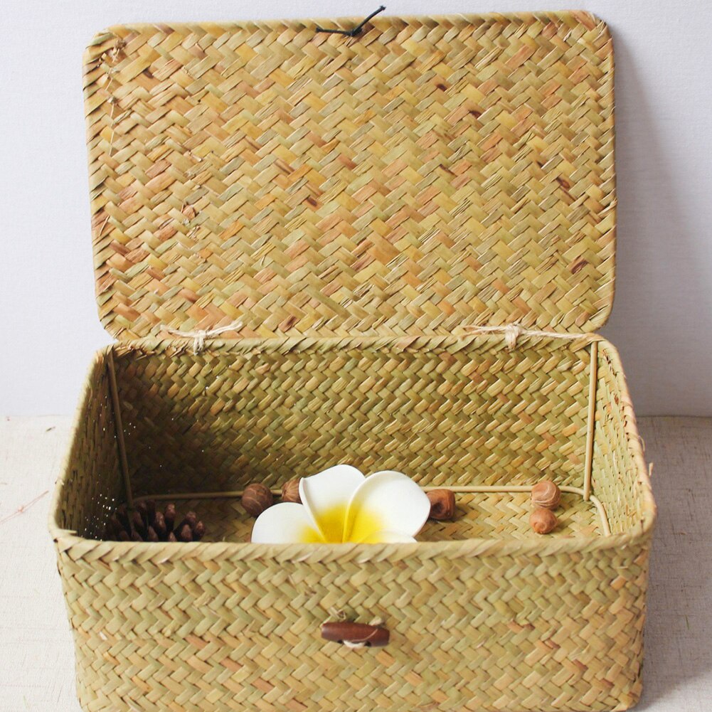 Bamboo Woven Storage Basket With Lid With Lock Storage Clothes Sundries Toy Storage Box Organizer Wicker Material