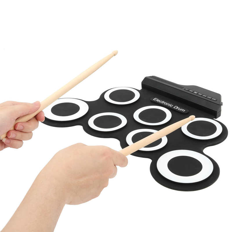 Electronic Drum Pad Set Built‑in Speaker Foldable Roll Up Percussion Mat Kit Electronic Drum with Double Foot Pedal 2 Drumstick