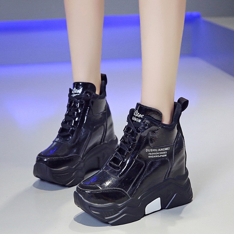 Højbund kvinder støvler sne varme vinter sneakers pu metal sølv støvler botas damer højde stigende 10cm platform støvler mujer