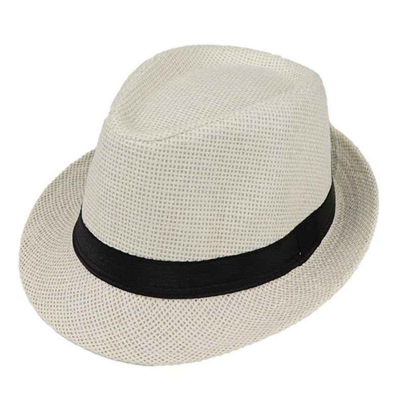Bambini bambini estate spiaggia cappello di paglia Jazz Panama Trilby cappello Fedora Gangster cappelli traspiranti all&#39;aperto ragazze ragazzi cappello da sole: Milky white C