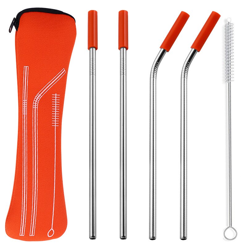 1 set Reusable Stainless Steel Straws Straight Bent Drinking Straws with Silicone Tips Cold Beverage Metal Drinking Straw: orange 4pcs
