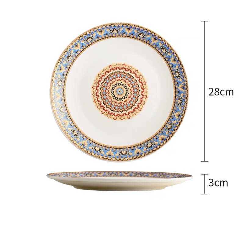 European Style Ceramic Bohemian Dinner Plate Hand Painted Dessert Fruit Plates Household Shallow Steak Dish Tableware: 11 inch C