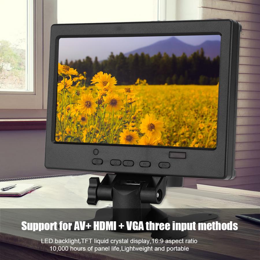 7 Inch Multi-function Monitor 800:1 1024x600 16:9 Display with Stand Support HDMI/VGA/AV Input (100-240V) with Power Adapter