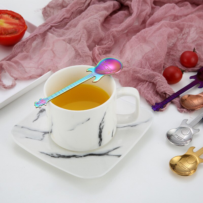 Acier inoxydable guitare cuillères arc-en-ciel café thé cuillère couverts outils à boire musique thème thé remuant cuillère glace Scoop