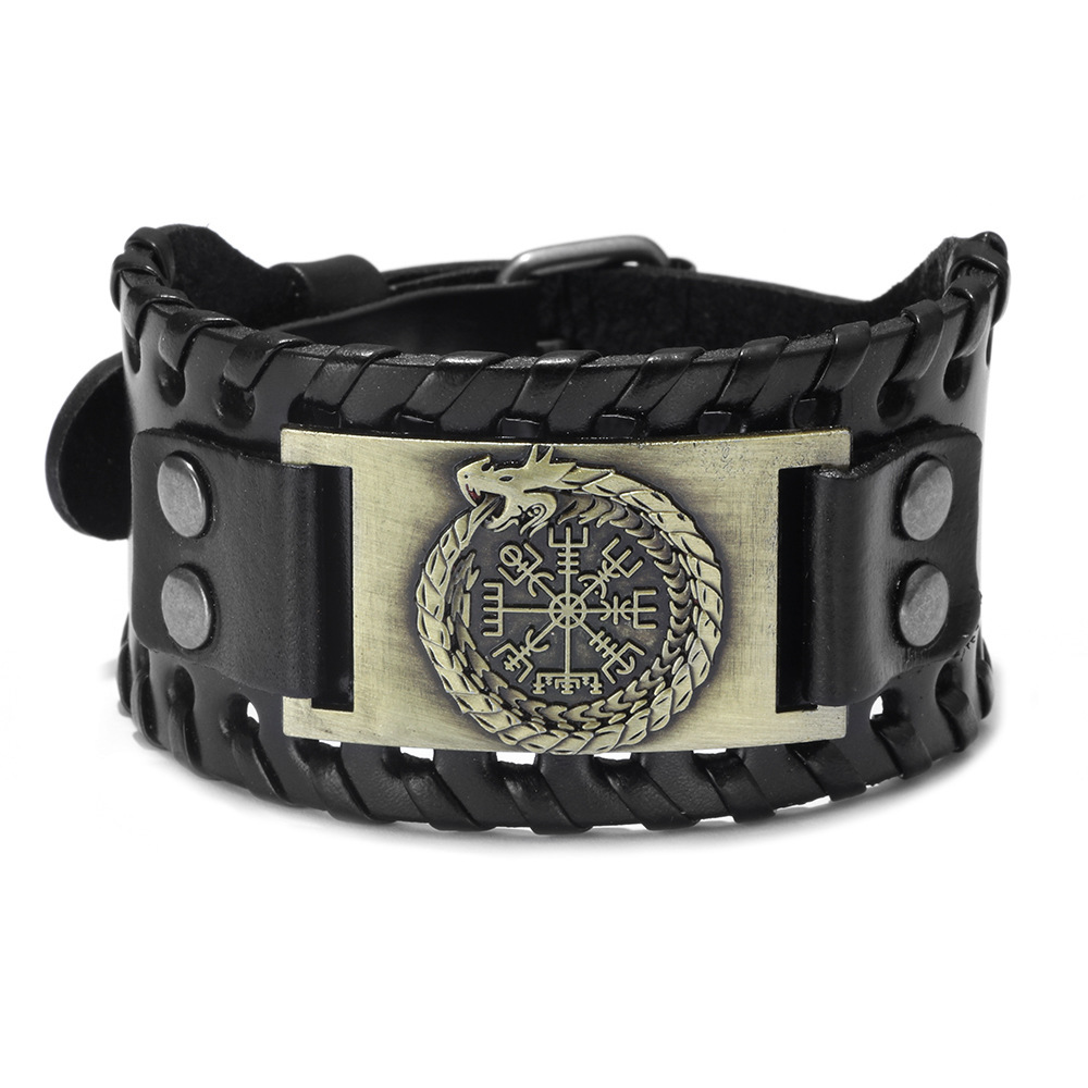 Pulsera de piel con brújula pirata para hombre, de tótem ancho, joyería vikinga celta, accesorios de pulsera, de: Color marrón amarillo