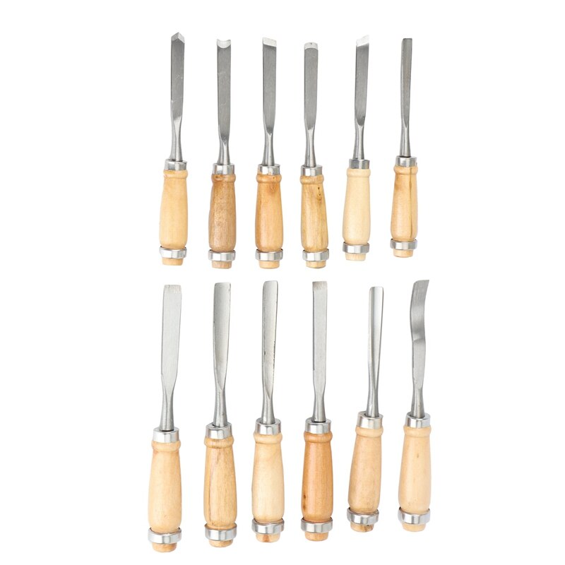 BMBY-12 Stuk Hout Beitel Tool Set-Tool Stalen Blad En Hoge Impact Houten Handvat, hout Beitel Platte Schop Staal Beitel: Default Title