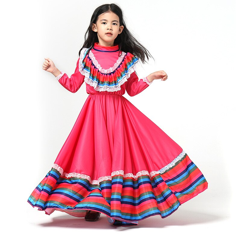 Robe traditionnelle mexicaine pour filles, longue jupe de danse gitane jaune à grands cercles, Costume d&#39;halloween et de carnaval du jour des morts
