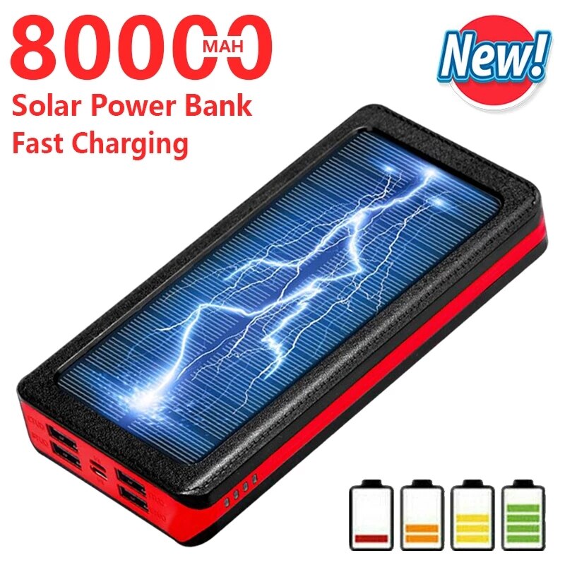 80000mAh słoneczny moc Bank przenośna ładowarka zewnętrzna bateria doprowadziło światło 4USB szybkie ładowanie Powerbank dla Xiaomi Iphone Samsung