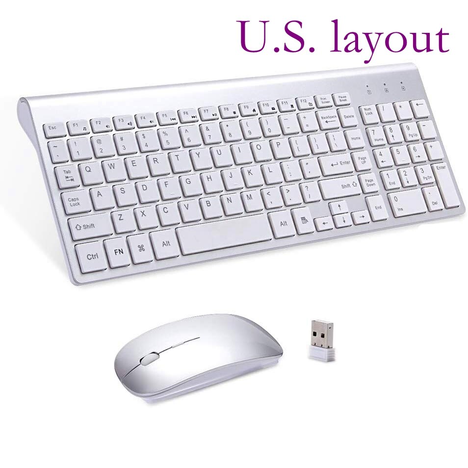 2.4G Wireless Keyboard and Mouse, Russian Layout U.S. Layout, Compact, Convenient, Ultra Thin, Ergonomic, Silver White: U.S.    Silver white