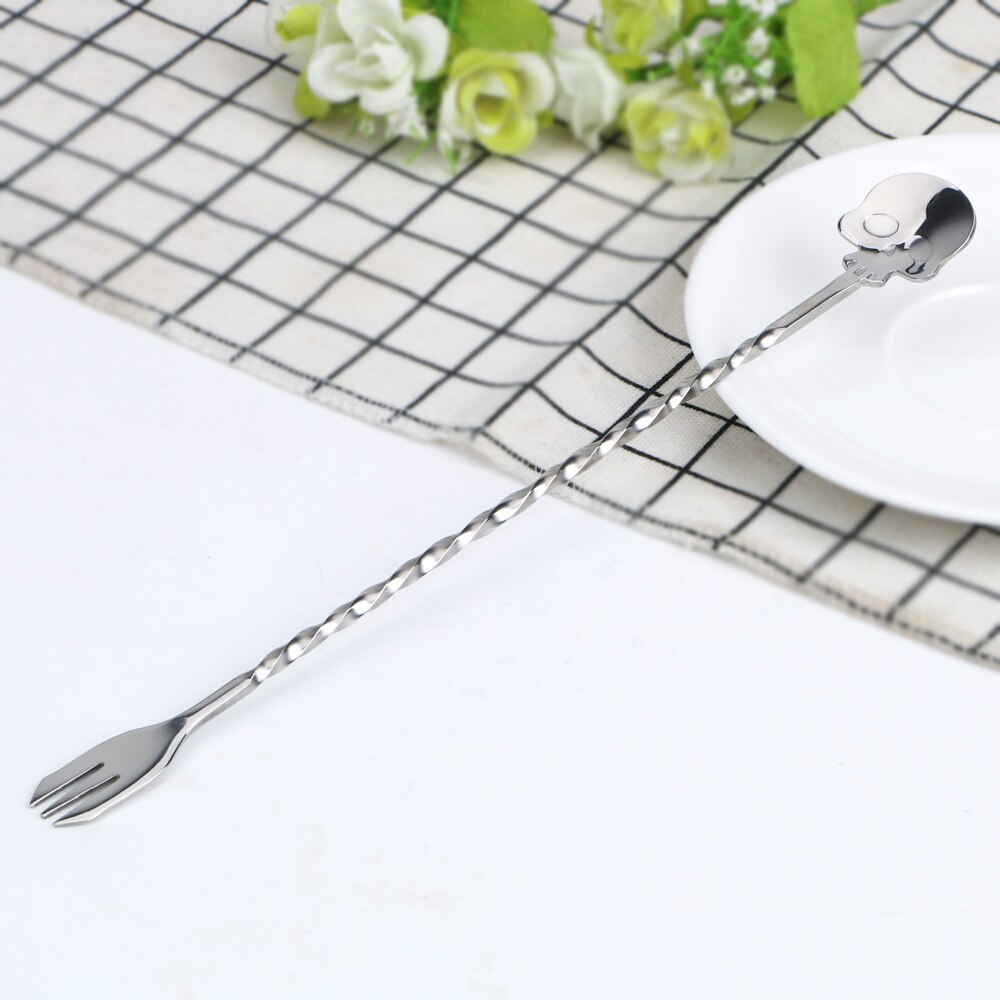 Skull Bar Spoon Swizzle Sticks Cocktail Pick Stirrer Bar Spoon Mixing Fork 25cm Stainless Steel Bartender Kitchen Tools