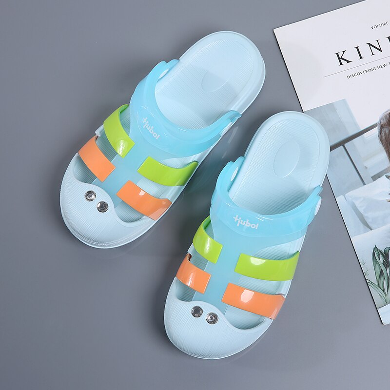 Dames jelly schoenen regenboog zomer sandalen dames platte schoenen dames instappers snoepkleurige peep toe dames strandschoenen: Lichtblauw / 40
