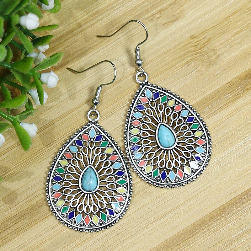 Vintage Bohemian Türkisen Verkrustete Ohrring für Frauen Kreative Silber Farbe Baum Blatt Vogel Glocken Geometrische Ohrringe Weiblichen Schmuck: 14