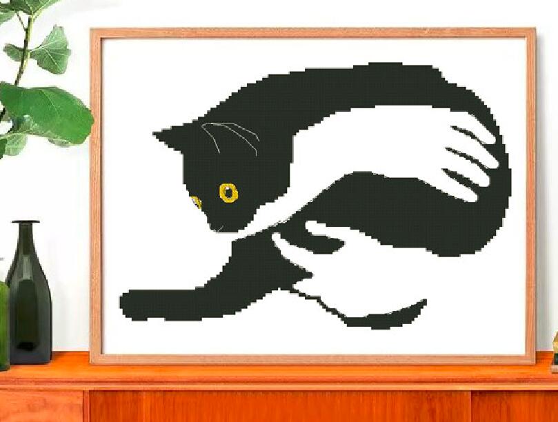 Paquet point de croix sur le canapé | Chat noir 18ct 14ct 11ct, tissu, fil de coton brodé couture