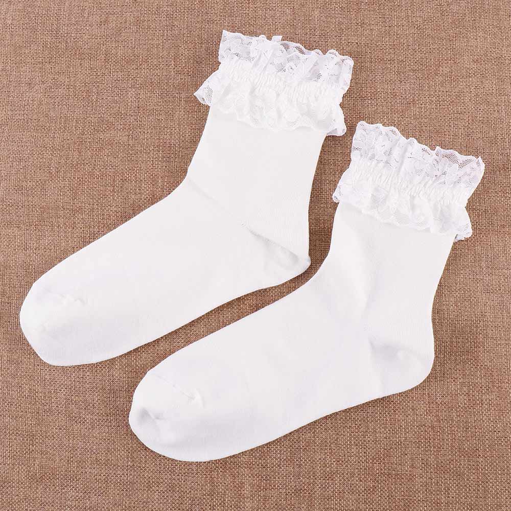 Women Vintage Lace Ruffle Frilly Ankle Socks Ladies Princess Girl Soild Color Cotton Socks 6 Color Available Harajuku: White