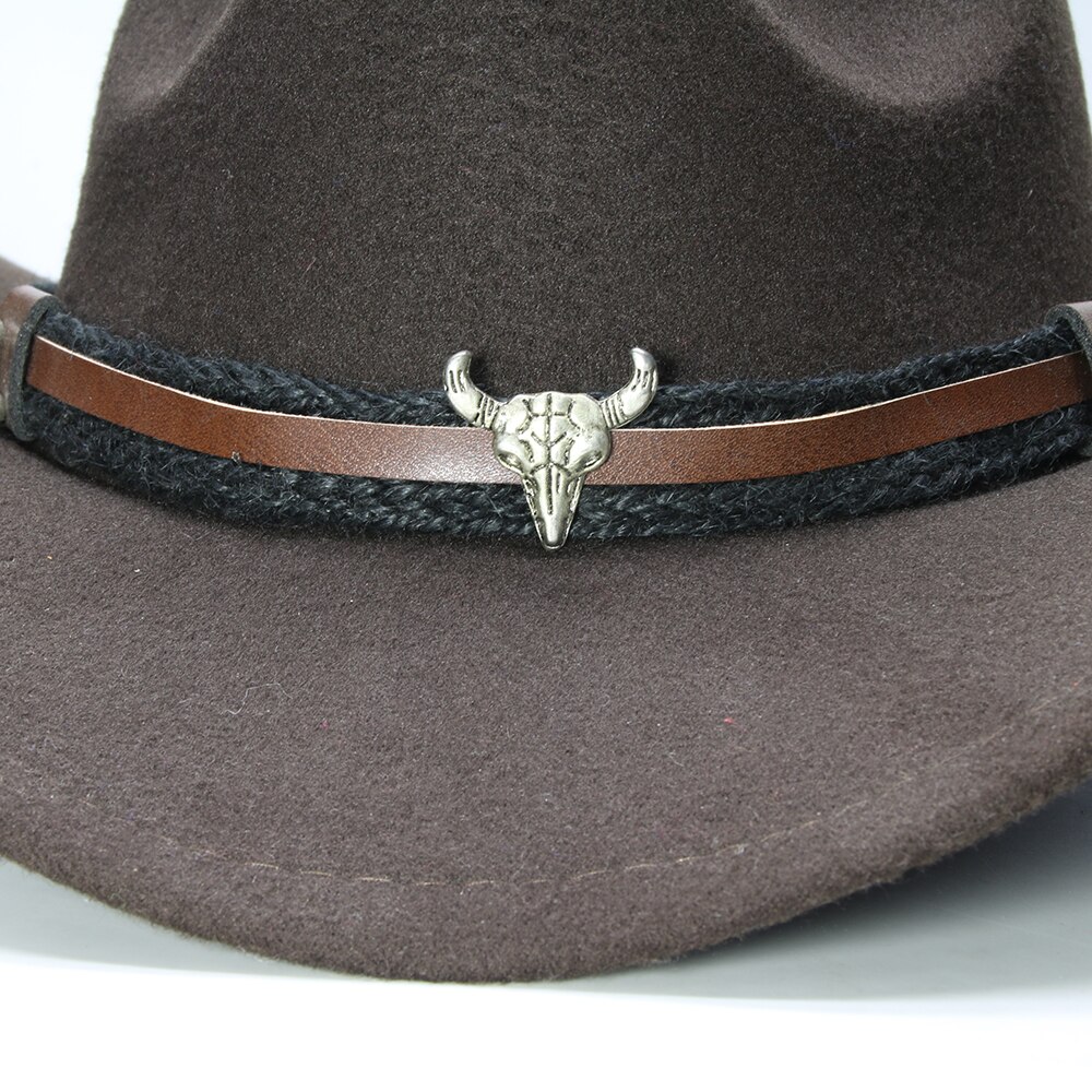 Large Plus 61cm Retro Women Men Wool Wide Brim Cowboy Western Cowgirl Hat Funeral Formal Fedora Cap Bull Head Oxhead Braid Band