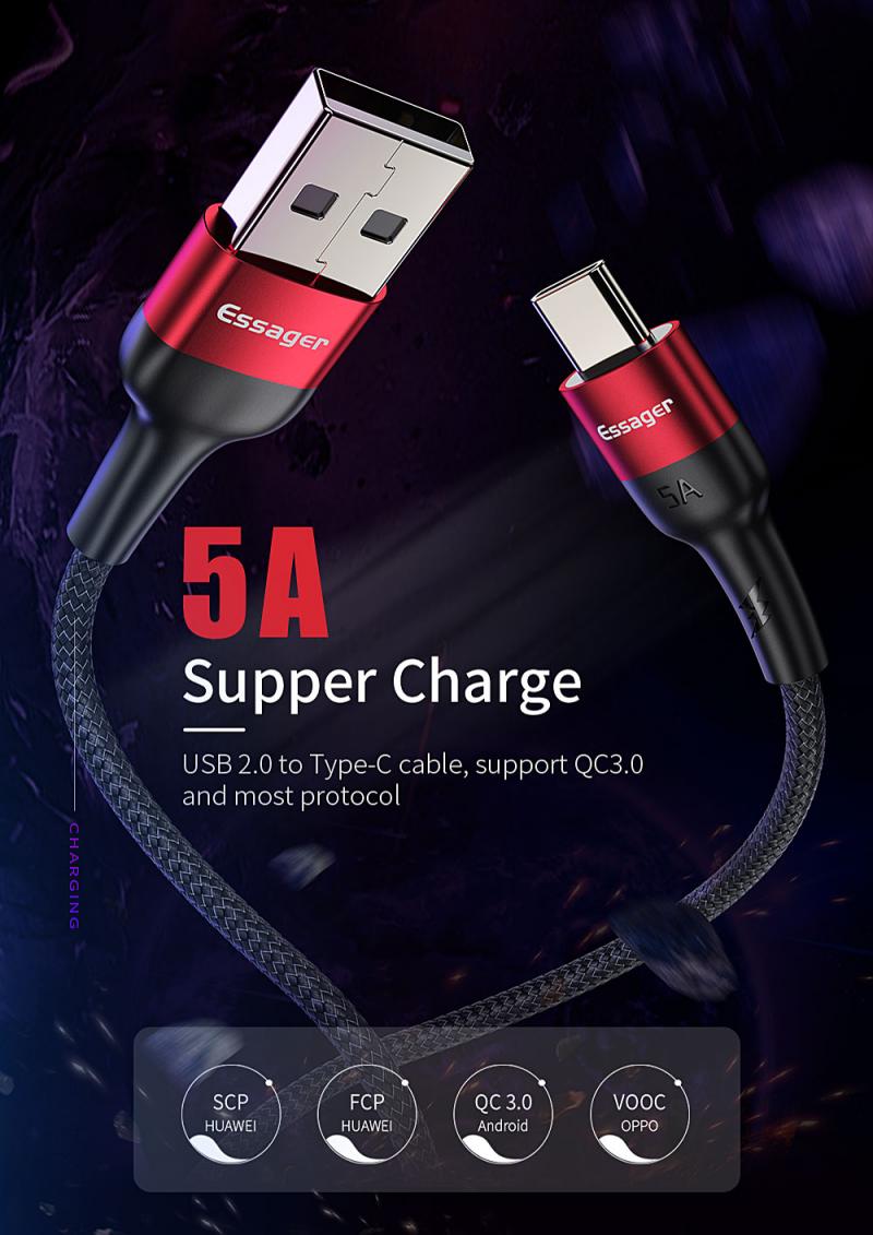 Essager 5A USB Tipo C Cavo Per Huawei Compagno di 30 P30 P20 Pro Lite Sovralimentare USBC Tipo-C Veloce di carico del Caricatore del Cavo del Cavo di USB-C