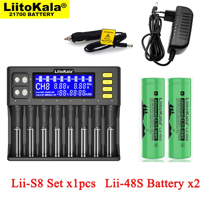 Liitokala lii -s8 akkulaturi 3.7v 18650 li- ioni 1.2v aa nimh 3.2v li-fepo 4 +  lii -48s 21700 4800 mah akut: Lii -s8 ja 2 xlii -48s