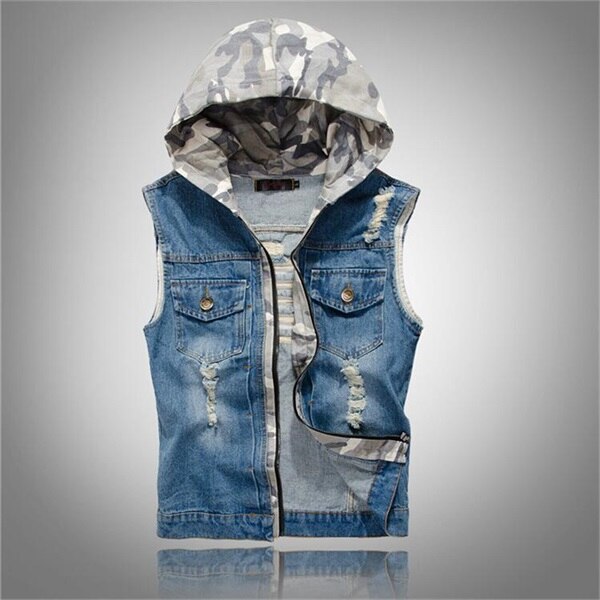 Lente Herfst mannen Denim Vest Casual Jeans Hooded Jassen Camouflage Ripped Mouwloze Jassen Vest Colete Masculino: Grijs / XXL