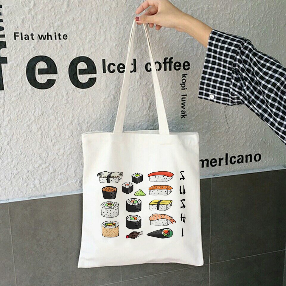 Kawaii sushi sæt tote tasker harajuku pige skuldertaske damer lærred indkøbspose kvindelig øko håndtaske foldbar tote stor kapacitet