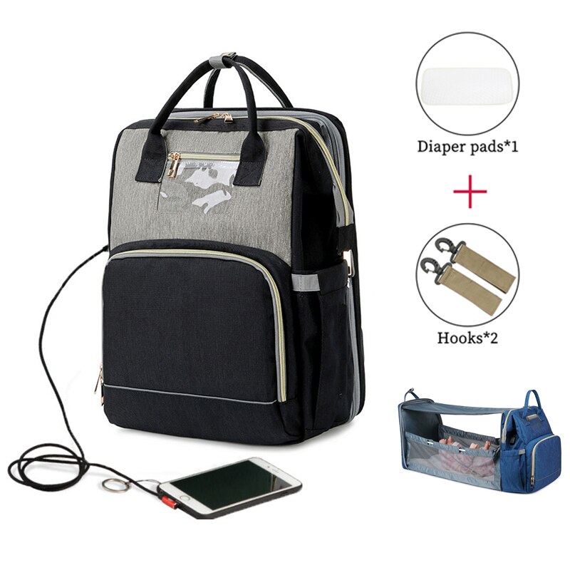 Usb Luiertassen Baby Bed Opvouwbare Zonnebrandcrème Rugzak Wieg Tas Grote Capaciteit Isolatie Verpleging Wandelwagen Zak Met Aankleedkussen: Type A Gray Black