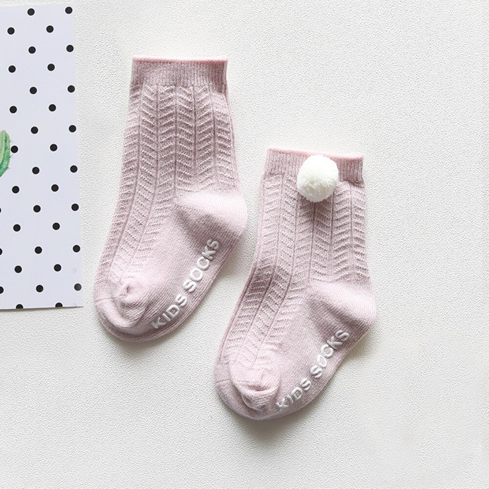5 Colors Cotton Baby Short Socks Anti Slip Knit Knee Boy Girl Foot Warmer Pom Pom Ball Socks: pink / 9M