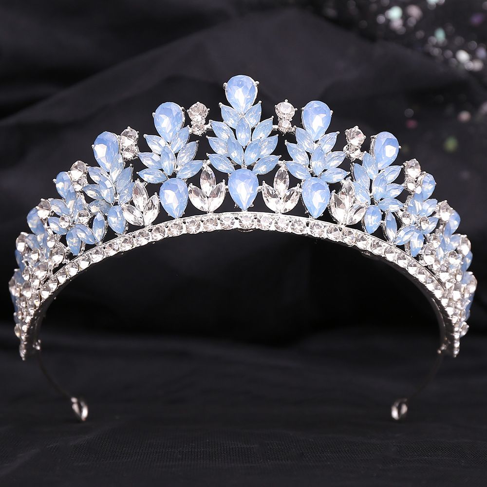 Zilveren Kleur Blauw Opaal Bruiloft Kroon Prinses Hoofdtooi Kristal Bruids Tiara 'S Strass Diadeem Bruiloft Haar Sieraden Accessoires: Geplatineerd