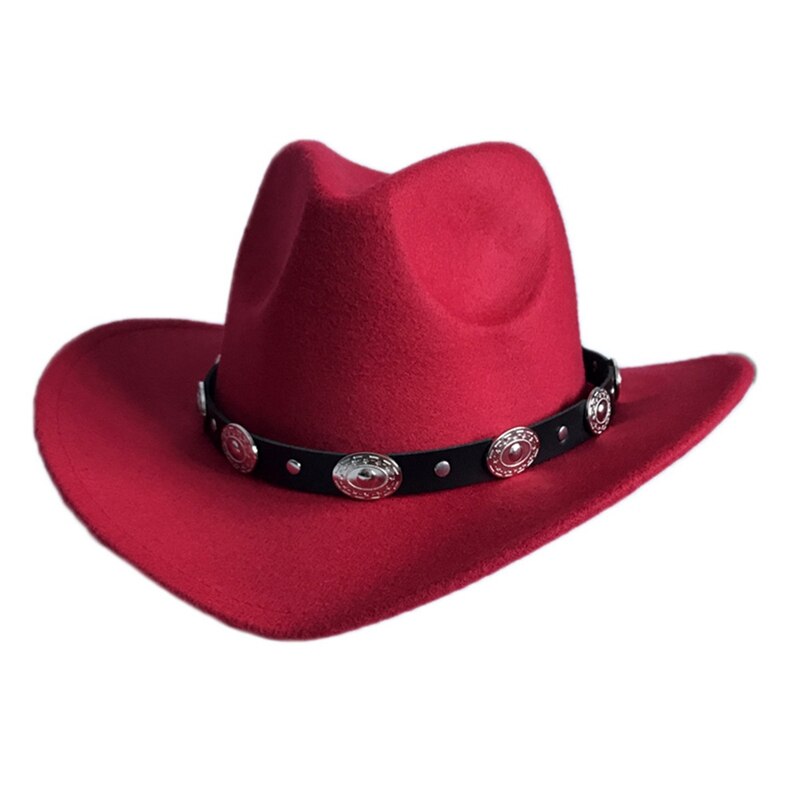 Womem Men Western Cowboy Hat With Wide Brim Punk Belt Cowgirl Jazz Cap With Leather Toca Gentleman Sombrero Cap: RD
