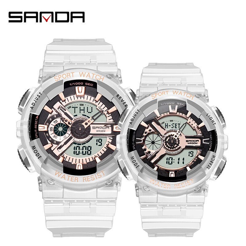 SANDA montre hommes et femmes montres transparentes étanche multi-fonction lumineux sport Double affichage Couple montre électronique: Couple Gold
