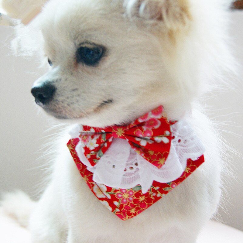 Japansk stil handgjord hund spets rosett haklapp med söt fluga hundhalsduk för valpar medelstora hundar tillbehör till husdjur