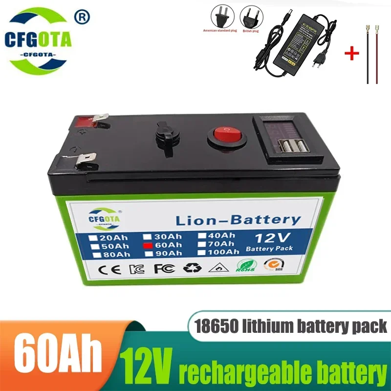 12 V Akku 100 Ah 18650 Lithium-Akku, wiederaufladbarer Akku für Solarenergie, Elektrofahrzeug-Akku + 12,6 V 3 A Ladegerät: Rosa