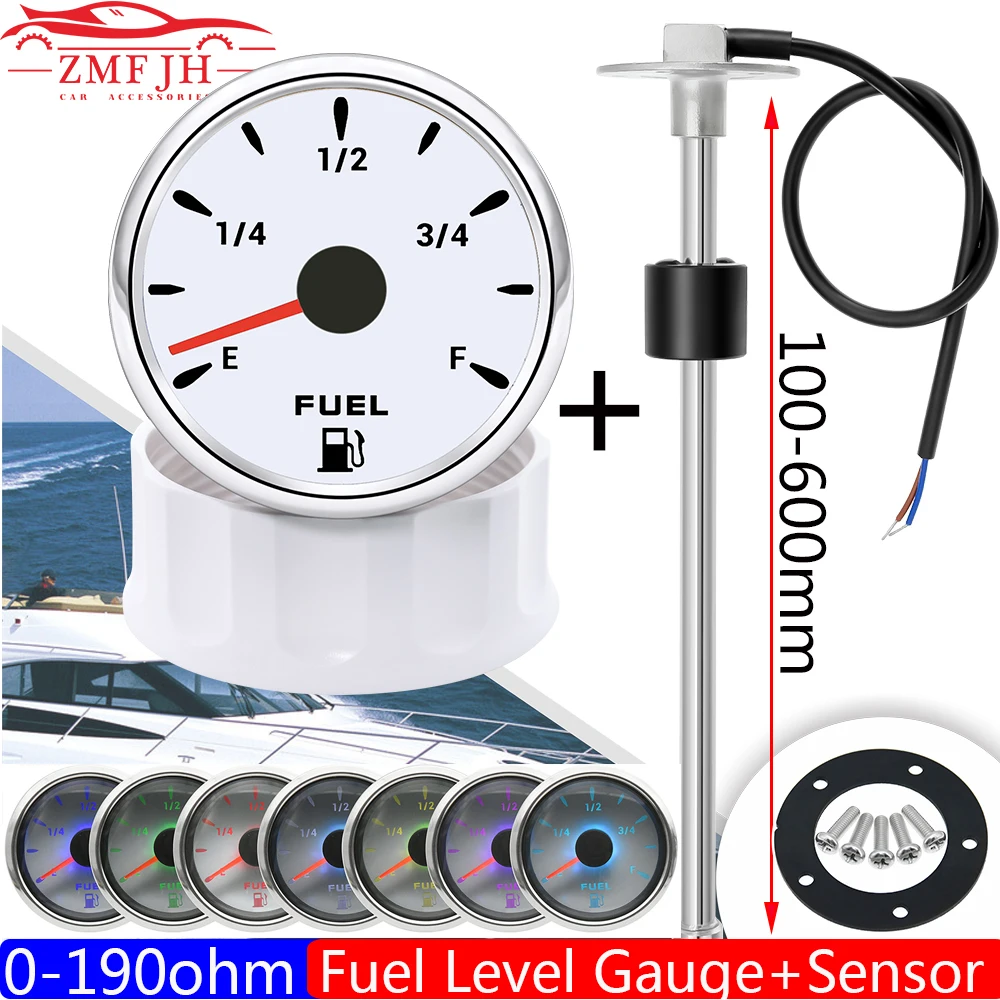 Custom 0-190 ohm Fuel Float Sensor + Fuel Level Gauge 7 Color Light Auto Marine RV Boat Car 2" 52mm Fuel Tank Level Gauge 12V24V