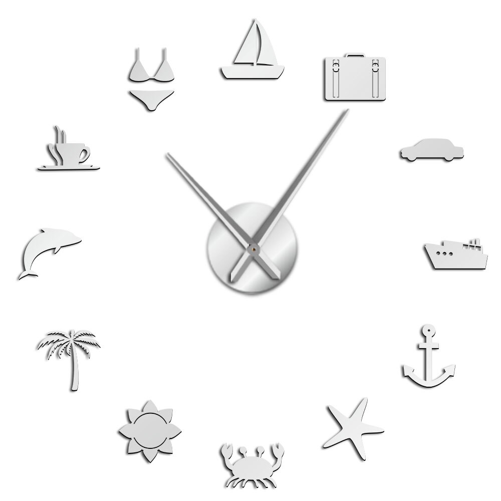 Horloge murale 3D pour le surf, la plage, les , la natation, la voile, le soleil, effet miroir, autocollant décoratif: Silver / 37inch