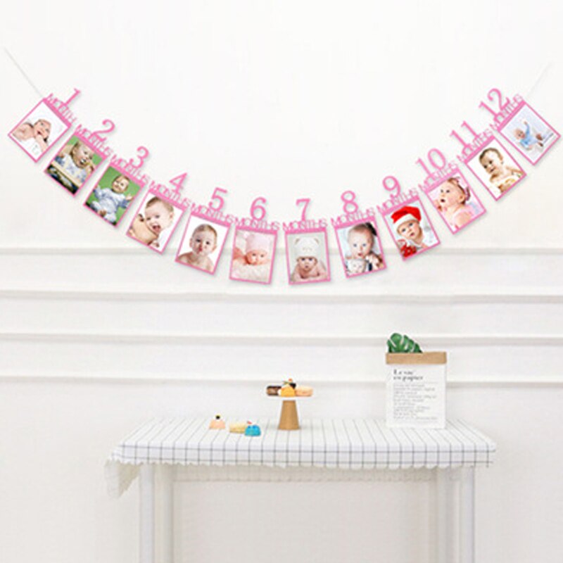 12 Months Photo Frame Banner First Happy Birthday Party Decoration Kids 1st Baby Boy Girl One Year Birthday Supplies Baby Shower