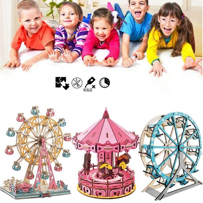 Houten Diy 3D Puzzels Jigsaws Model Van Reuzenrad Carrousel En Huis Miniatuur Kits Zelf Assemblage Speelgoed