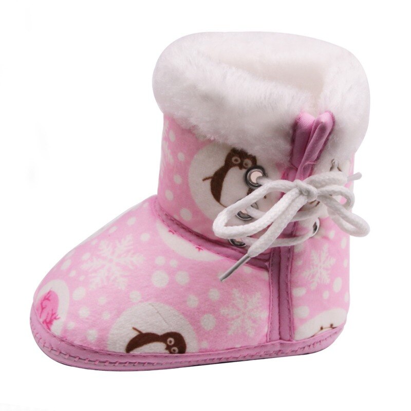 Botas de invierno para bebé, botas para niña, suaves, cálidas, copo de nieve, estampado de pingüinos, zapatos de algodón con lazo lateral para bebé