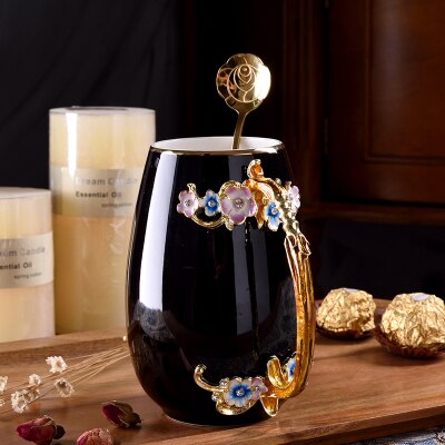 Europe Novelty Enamel Coffee Cup Mug Flower Tea ceramics Cups for and Cold Drinks Milk Alloy Handgrip Cups and Mugs: M-4