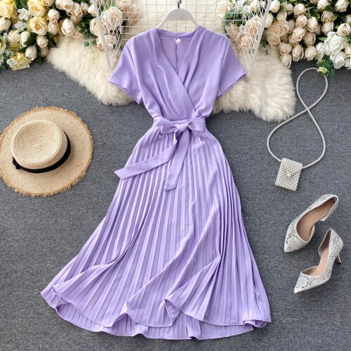 Midi retro Dress Women's Solid Color V-neck Lace-up Waist Slimming over-the-Knee Pleated Dress Office Lady: Purple 