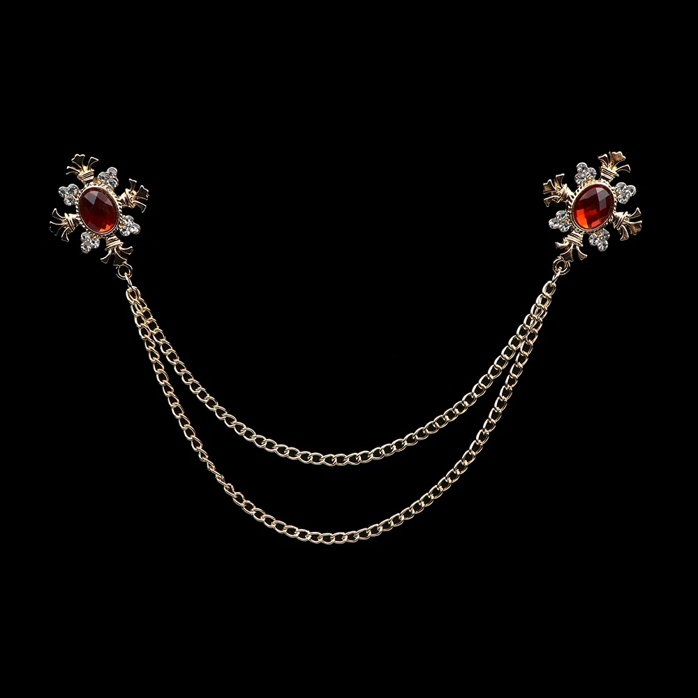 Broche de borla de caballero a la para hombre, traje, camisa, cuello, cadena cruzada de cristal, Pin de solapa, accesorios de boda Retro con diamantes de imitación: Color dorado