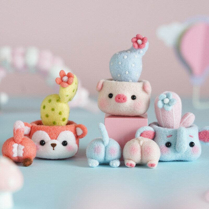 1Pcs Niet Afgewerkt Handgemaakte Pocket Mooie Animal Cactus Plant Wol Naaldvilten Kit Panda Plant Vilt Prikte Voor Kids