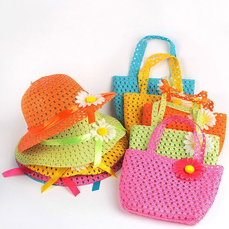 Boy Girl Child Straw Hats And Bag Set Summer Flowers Sun Hats For Kids Children Beach Hats Breathable Foldable Sunscreen Sun UV