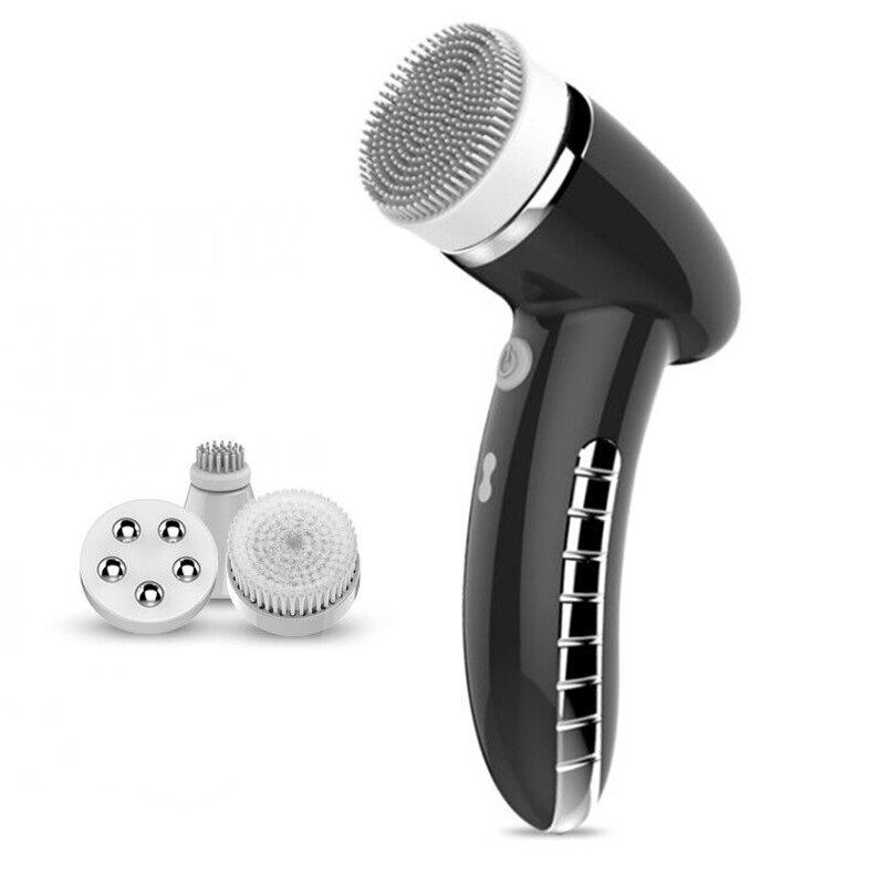 4 In 1 Wash Facial Cleansing Brush Sonic Vibration Face Cleaner Electric Waterproof Massage with 4 Heads Face Cleaning Apparatus: black