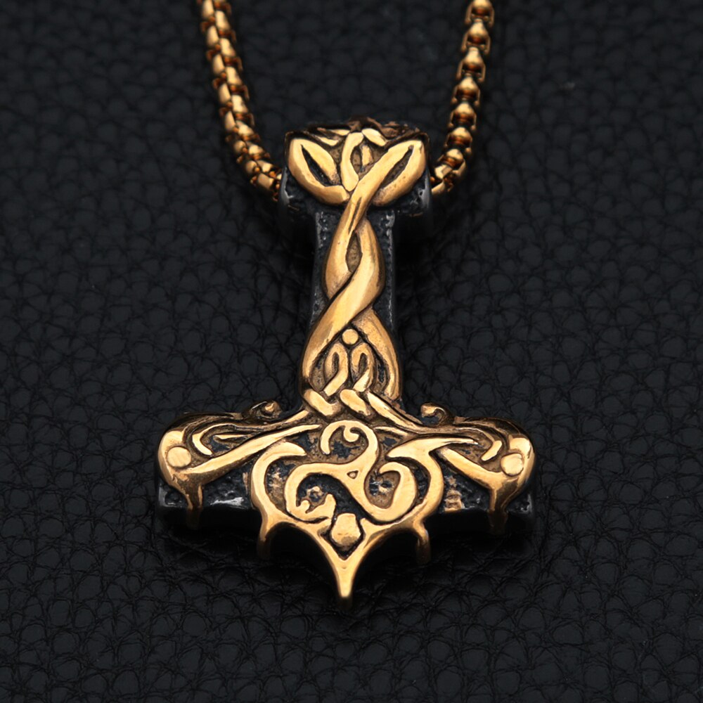 Golden Vintage Vikings Thor Hammer Pendant Stainless Steel Celtic Knot Biker Necklace For Men Amulet Jewelry