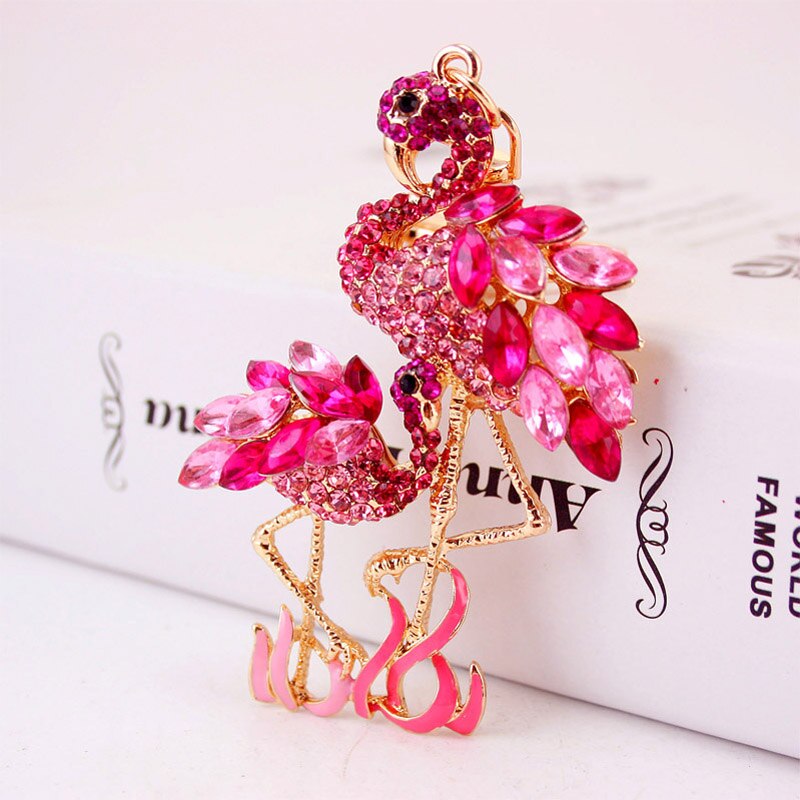mignon dessin animé diamant ensemble flamant rose porte-clés grue strass Animal métal pendentif voiture porte-clés accessoires bijoux: 202009-Pink
