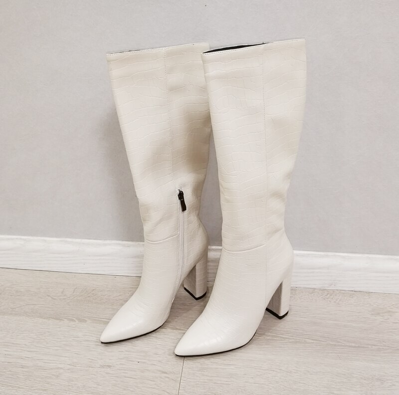 Meotina Knie-Hoge Laarzen Vrouwen Schoenen Wees Teen Dikke Hakken Lange Laarzen Rits Super Hoge Hak Mode Dame Laarzen winter Beige 43: Beige / 10.5